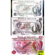 Set 3 bancnote de colectie IRELAND SPECIMEN 5,10,100 pounds UNC