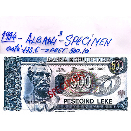 Banconta de colectie SPECIMEN 500 PESEQIND LEKE ALBANIA UNC