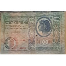 [ Romania ] Bancnote de ocupatie  Banat / Bucovina - 100 Koroane  emisa in anul 1912 cu stampila 1919